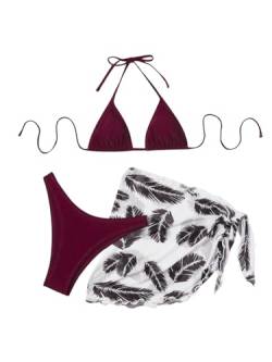 GORGLITTER Bikini Mit Rock Damen Set 3 Teilig Triangel Bikini Set Neckholder Badeanzug Bikini Mit Palme Bordeaux L von GORGLITTER