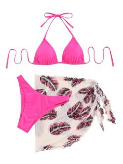 GORGLITTER Bikini Mit Rock Damen Set 3 Teilig Triangel Bikini Set Neckholder Badeanzug Bikini Mit Palme Heißes Pink M von GORGLITTER