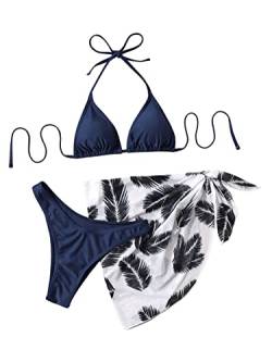 GORGLITTER Bikini Mit Rock Damen Set 3 Teilig Triangel Bikini Set Neckholder Badeanzug Bikini Mit Palme Marineblau L von GORGLITTER