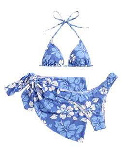 GORGLITTER Bikini Mit Rock Damen Set 3 Teilig Triangel Bikini Sexy Badeanzug Neckholder Bikini Mit Blumen Bademode Swimsuit Blau M von GORGLITTER