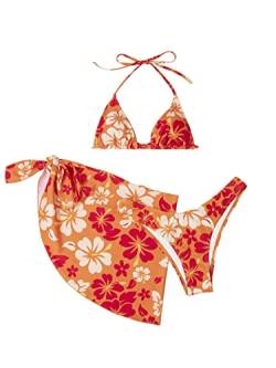 GORGLITTER Bikini Mit Rock Damen Set 3 Teilig Triangel Bikini Sexy Badeanzug Neckholder Bikini Mit Blumen Bademode Swimsuit Orange S von GORGLITTER