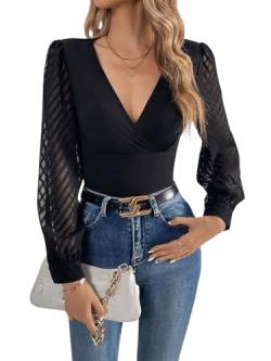 GORGLITTER Bluse Mit V Ausschnitt Damen Elegant Mesh Bluse Langarm Wickel Oberteil Netzstoff Langarmshirt Schwarz M von GORGLITTER