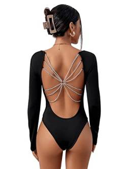 GORGLITTER Body Damen Langarm Bodysuit mit Kette Rücken Bodys Rückenfrei Bodysuits Festival Outfit Overall Schwarz M von GORGLITTER