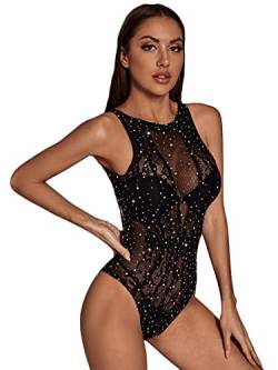 GORGLITTER Body Mit Strass Damen Sexy Mesh Sheer Bodysuit Glitzer Body Netz Body Frauen Teddy Body Mit Strass Party Oberteil Durchsichtig Damenbody Schwarz Einheitsgröße von GORGLITTER