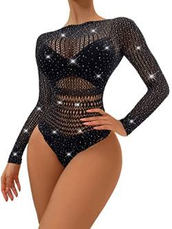 GORGLITTER Body Mit Strass Damen Sexy Mesh Sheer Bodysuit Glitzer Body Netz Body Frauen Teddy Body Mit Strass Party Oberteil Durchsichtig Damenbody Schwarz Langarm Einheitsgröße von GORGLITTER