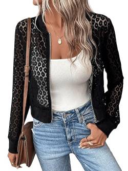 GORGLITTER Bomberjacke Damen Dünn Jacke Mit Reißverschluss Spitzenjacke Leichte Jacke Freizeitjacke Mit Spitze Schwarz L von GORGLITTER