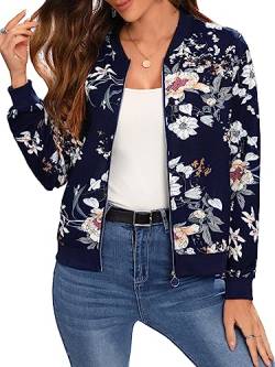 GORGLITTER Bomberjacke Mit Blumen Damen Casual Jacke Fliegerjacke Pilotenjacke Bomber Jacket Mit Reißverschluss Übergangsjacke Freizeitjacke Blau XXL von GORGLITTER