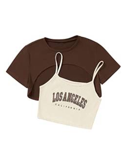 GORGLITTER Cami Crop Top Damen Y2k Top 90s Crop T-Shirt Set Top Set Bauchfrei Oberteil Los Angeles Tshirt Braun und Beige M von GORGLITTER