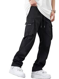 GORGLITTER Cargohose Klassic Hosen Herren Straighthose Cargo Pants Männer Hosen Workoutpant Freizeithose mit Kordelzug und Taschen Schwarz M von GORGLITTER