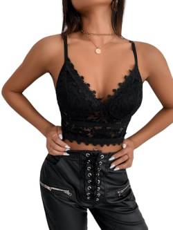 GORGLITTER Crop Cami Top mit Luftspitze Damen Bauchfreies Crop Tops Spaghettiträger Spitzentop Bralettes Oberteil Schwarz S von GORGLITTER