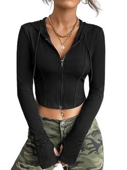 GORGLITTER Crop Jacke Damen Bauchfrei Jacke Mit Kapuze Sweatjacke Kurz Kapuzenpullover Mit Reißverschluss Hoodie Jacke Schwarz XS von GORGLITTER