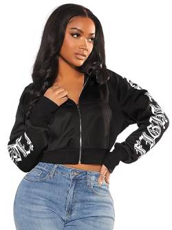 GORGLITTER Crop Kapuzenpullover Damen Pullover Mit Kapuze Crop Hoodie Mit Reißverschluss Y2k Zip Up Hoodie Pullover Mit Buchstaben Schwarz L von GORGLITTER