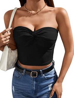 GORGLITTER Crop Top Mit Twist Damen Bandeau Top Trägerlose Tops Sommer Top Bauchfrei Ärmelloses Top Mit Rippenstrick Schwarz M von GORGLITTER