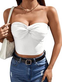 GORGLITTER Crop Top Mit Twist Damen Bandeau Top Trägerlose Tops Sommer Top Bauchfrei Ärmelloses Top Mit Rippenstrick Weiß XS von GORGLITTER