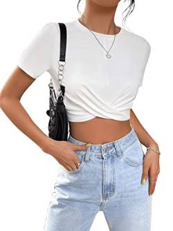 GORGLITTER Crop Top Mit Twist Damen Crop Shirt Bauchfreies Oberteil Kurz Sexy Tshirt Kurzarm Sommer Croptops Weiß L von GORGLITTER