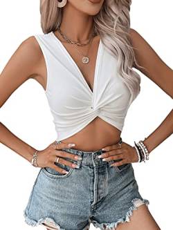 GORGLITTER Crop Top Mit Twist Damen Sommer Tank Top Sexy Crop Shirt V Ausschnitt Ärmellos Tops Weiß XS von GORGLITTER