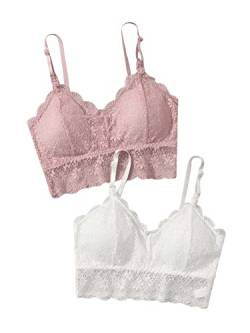 GORGLITTER Damen 2 Stücke BH Set Bauchfrei Tops Sexy Spitze Cami Crop Bralettes Spitzentop Bustiers 2 Packe BH Set mit Blumen Spitzen Rosa und Weiß L von GORGLITTER