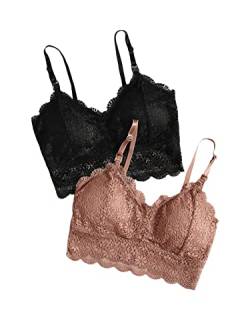 GORGLITTER Damen 2 Stücke BH Set Bauchfrei Tops Sexy Spitze Cami Crop Bralettes Spitzentop Bustiers 2 Packe BH Set mit Blumen Spitzen Schwarz und Braun L von GORGLITTER