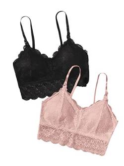 GORGLITTER Damen 2 Stücke BH Set Bauchfrei Tops Sexy Spitze Cami Crop Bralettes Spitzentop Bustiers 2 Packe BH Set mit Blumen Spitzen Schwarz und Rosa S von GORGLITTER