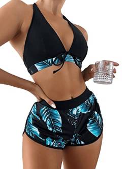 GORGLITTER Damen 3 Packe Bikini Sets Neckholder Badebode 3-Teiliger Swimwear Bikini Set Badehose mit Tropenmuster Minzblau L von GORGLITTER
