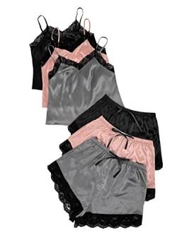 GORGLITTER Damen 3 Sets Cami Top mit Spitzenbesatz und Shorts Nachtwäsche Set Satin Pajama Sets Farbblock Schlafanzug Set Schwarz+Rosa+Grau S von GORGLITTER