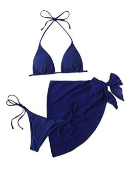 GORGLITTER Damen 3-teilige Bikini Set mit Strandrock Badeanzuge Dreieckiger Bikini Tanga Badedrock Swimsuit Set mit Knoten Blau L von GORGLITTER