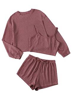 GORGLITTER Damen 3-teilige Set Loungewear Pyjama Sets mit Langarmshirt Camitop und Short Schlafanzug Hausanzug Tranining Kombine Set Grau-Rosa M von GORGLITTER