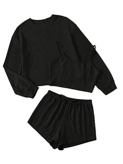 GORGLITTER Damen 3-teilige Set Loungewear Pyjama Sets mit Langarmshirt Camitop und Short Schlafanzug Hausanzug Tranining Kombine Set Schwarz S von GORGLITTER