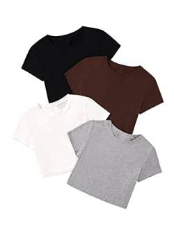 GORGLITTER Damen 4 Packe Bauchfrei T-Shirts Rundhals Crop Top Kurze Oberteile Basic Kurzarmshirts Schwarz, Braun, Weiß, Grau S von GORGLITTER