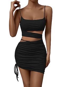 GORGLITTER Damen Ärmellos Kleid Cut Outs Figurbetont Partykleid Bodycon Minikleid Spaghettiträger Bleistiftkleid mit Schnürzug Schwarz L von GORGLITTER