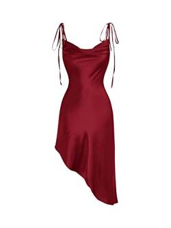GORGLITTER Damen Ärmellos Midikleid Rückenfrei Partykleid Asymmetrisch Spaghettiträger Stretchy Kleider mit Knoten Rot L von GORGLITTER