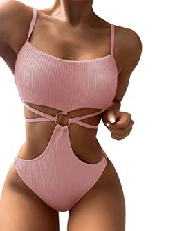 GORGLITTER Damen Badeanzug Cut-Out One Piece Swimwear Bügellos Spaghettiträger Einteilige Bademode mit Ring Korallenrosa M von GORGLITTER