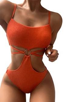 GORGLITTER Damen Badeanzug Cut-Out One Piece Swimwear Bügellos Spaghettiträger Einteilige Bademode mit Ring Orange gebrannt S von GORGLITTER