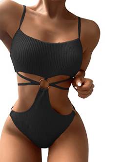 GORGLITTER Damen Badeanzug Cut-Out One Piece Swimwear Bügellos Spaghettiträger Einteilige Bademode mit Ring Schwarz XL von GORGLITTER