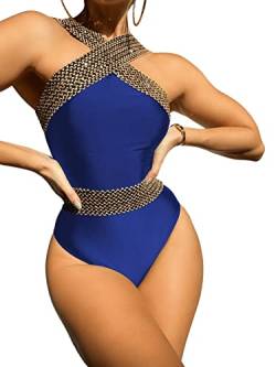GORGLITTER Damen Badeanzug Kreuzgurt One Piece Swimwear Bügellos Einteilige Bademode mit Kontrastsaum Königsblau XL von GORGLITTER