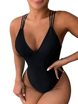 GORGLITTER Damen Badeanzug One Piece Swimanzug Swimwear Bügellos Spaghettiträger Rückenfrei Einteilige Bademode mit Kreuzgurt Schwarz M von GORGLITTER