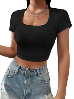 GORGLITTER Damen Bauchfrei Oberteil Basic Strick Crop Top Kurzarmshirt U-Ausschnitt Cropped T-Shirt Schwarz XS von GORGLITTER