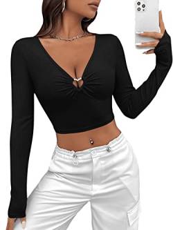 GORGLITTER Damen Bauchfrei Oberteil Crop T-Shirt Tiefer V-Ausschnitt Top mit Herz Ring Schwarz L von GORGLITTER