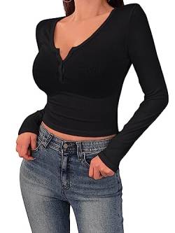 GORGLITTER Damen Bauchfrei Oberteil Crop T-Shirt V-Ausschnitt Tops Lässig Langarmshirt Herbstshirt mit Knöpfen Schwarz S von GORGLITTER