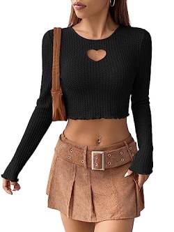 GORGLITTER Damen Bauchfrei Oberteil Cut Outs Crop Top Langarm T-Shirt Cropped Pullover Basic Tops mit Wellensaum Schwarz L von GORGLITTER