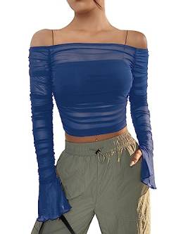 GORGLITTER Damen Bauchfrei Oberteile Transparentes Langarmshirt Durchsichtig Croppes Shirts Schulterfrei Tops mit Volant Ärmel Blau L von GORGLITTER