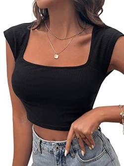 GORGLITTER Damen Bauchfrei T-Shirt Rippenstrick Oberteile Crop Top Kurzarmshirts Tops Schwarz L von GORGLITTER