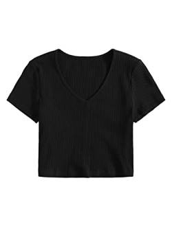 GORGLITTER Damen Bauchfrei Tops Crop Oberteil Kurz T-Shirt Bauchfreies Oberteile Kurzarmshirt mit V-Ausschnitt Schwarz M von GORGLITTER