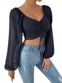 GORGLITTER Damen Bauchfreies Oberteil Durchsichtig Ärmel Crop Top Langarmshirt Herzausschnitt Kurz Tops mit Tunnelzug Marineblau M von GORGLITTER