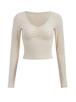 GORGLITTER Damen Bauchfreies Oberteil T-Shirt V-Ausschnitt Langarmshirt Basic Tops mit Rüschen Beige M von GORGLITTER