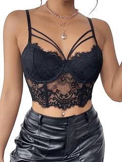 GORGLITTER Damen Bauchfreies Top Spitzen Camisole Crop Tops Spitzentop Cut Outs Bralettes Spaghettiträger Cropped Oberteil Vollschwarz S von GORGLITTER