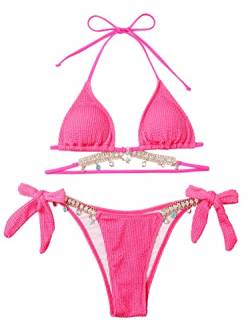 GORGLITTER Damen Bikini Set Bikini Mit Strass Triangel Badeanzug Zweiteiler Bikini Tanga Glitzer Bikini Heißes Pink M von GORGLITTER