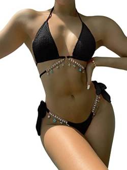 GORGLITTER Damen Bikini Set Bikini Mit Strass Triangel Badeanzug Zweiteiler Bikini Tanga Glitzer Bikini Schwarz XL von GORGLITTER