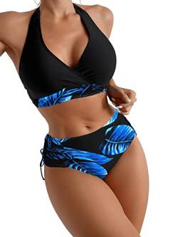 GORGLITTER Damen Bikini Sets Neckholder Triangel Bikinitop High Waist Tropenmuster Tangas Bademode Zweiteiliger Badeanzug mit Schnürzug Blau S von GORGLITTER