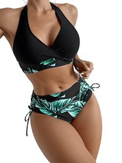 GORGLITTER Damen Bikini Sets Neckholder Triangel Bikinitop High Waist Tropenmuster Tangas Bademode Zweiteiliger Badeanzug mit Schnürzug Grün S von GORGLITTER
